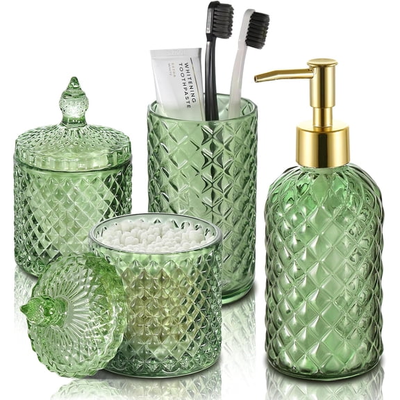 Green Bathroom Accessories Set, 4 Pack Olive Green Bathroom Decor Accessory Sets Complete, Diamond Glass Soap Dispenser and Toothbrush Holder Set for Bath Counter Organizer Essentials