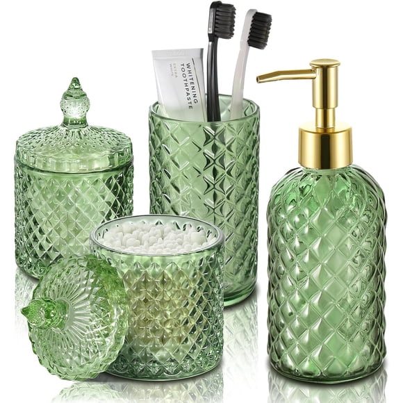 Bathroom Accessories Set, Bathroom Decor Accessory Sets Complete, Diamond Glass Soap Dispenser and Toothbrush Holder Set for Bath Counter Organizer Essentials