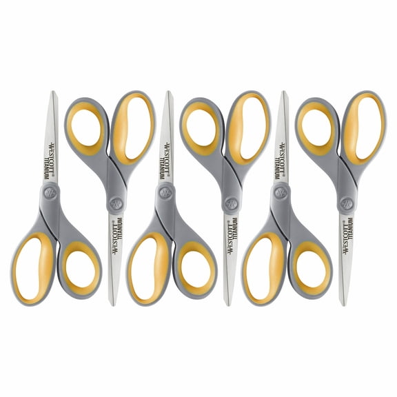 Westcott 8" Titanium Bonded Scissors, Grey/Yellow, 6-Pack for Office and School