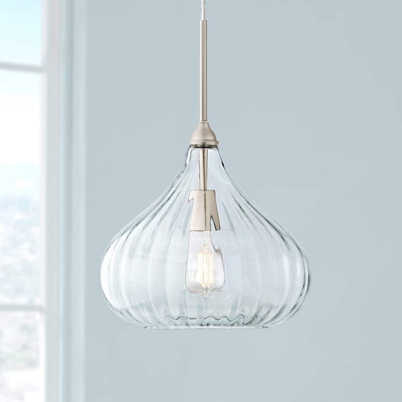 Possini Euro Design Major Brushed Nickel Mini Pendant Lighting Fixture 12 1/2" Wide Modern LED Clear Glass for Dining Room Living House Home Foyer Kitchen Island Entryway Bedroom High Ceilings