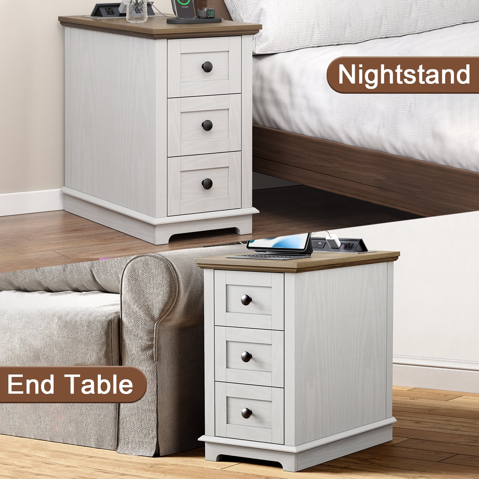 FAGAGA End Table with 3 Drawers for Living Room,Nightstand Sofa Side Table with Charging Station,White