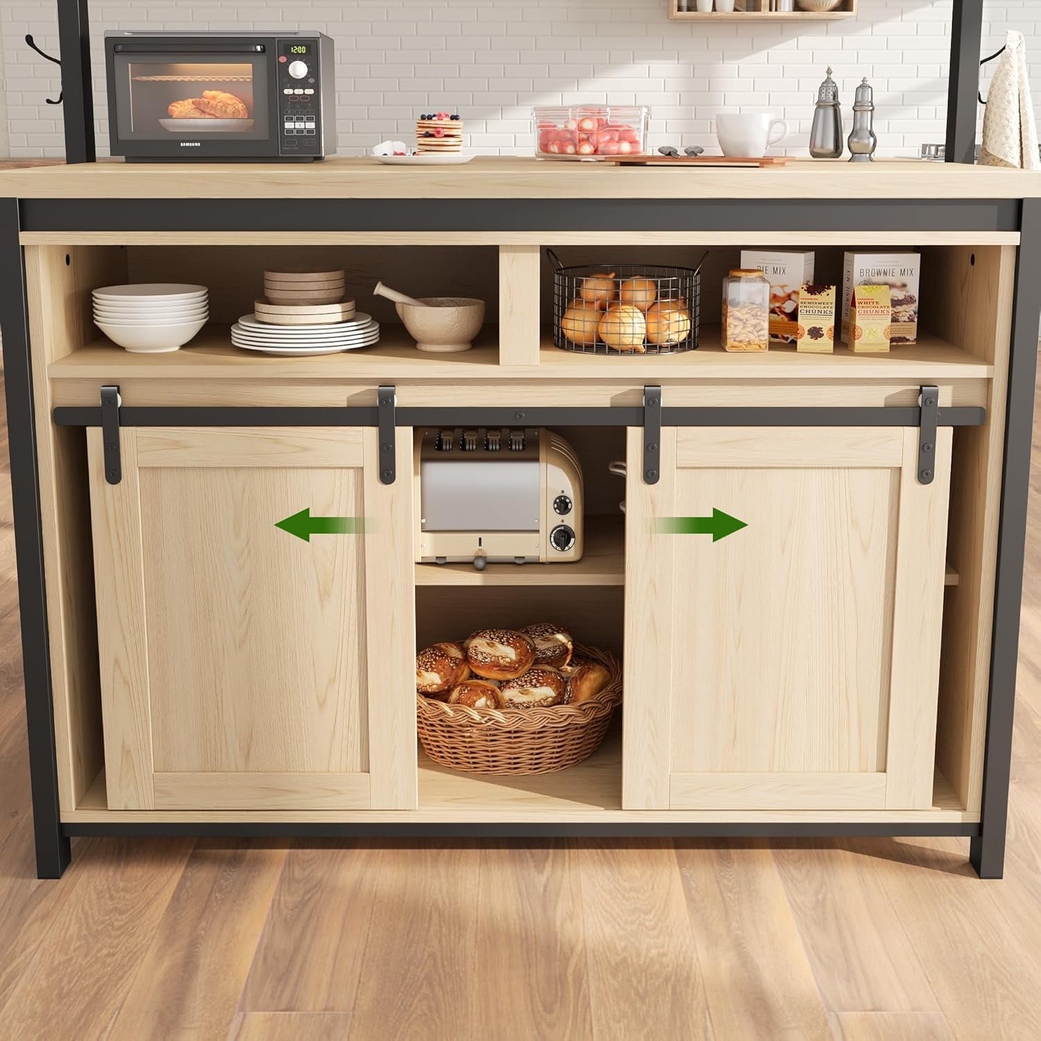 Luku 42" Kitchen Island Storage with Sliding Barn Door, Table Island Kitchen Cabinet with 2 Side Hooks, 3-Tier Shelves, Multi-Functional Dining Storage for Living Room