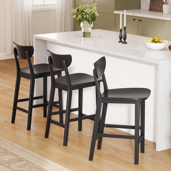 EYYTHUNG Mid Century Wooden Bar Stools Set of 3, Farmhouse Counter Height Stools Mordern, Solid Wood Legs, Curved Backrest, Black