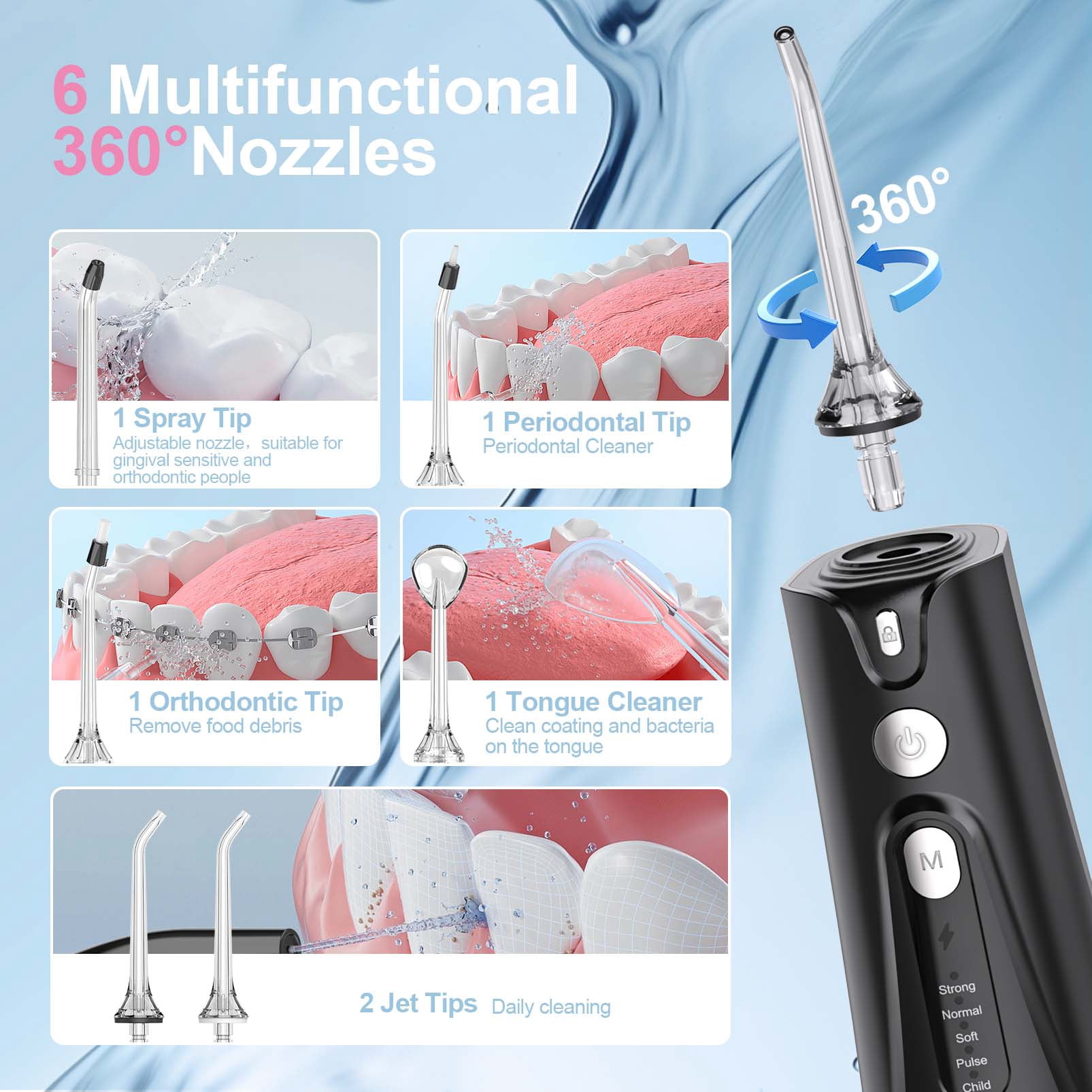 Cordless Water Flosser Dental Teeth Cleaner with 6 Jet Tips, DIY Mode 300ML Tank IPX7 Waterproof Portable Rechargeable Water Teeth Flosser Dental Oral Irrigator for Home and Travel, Black