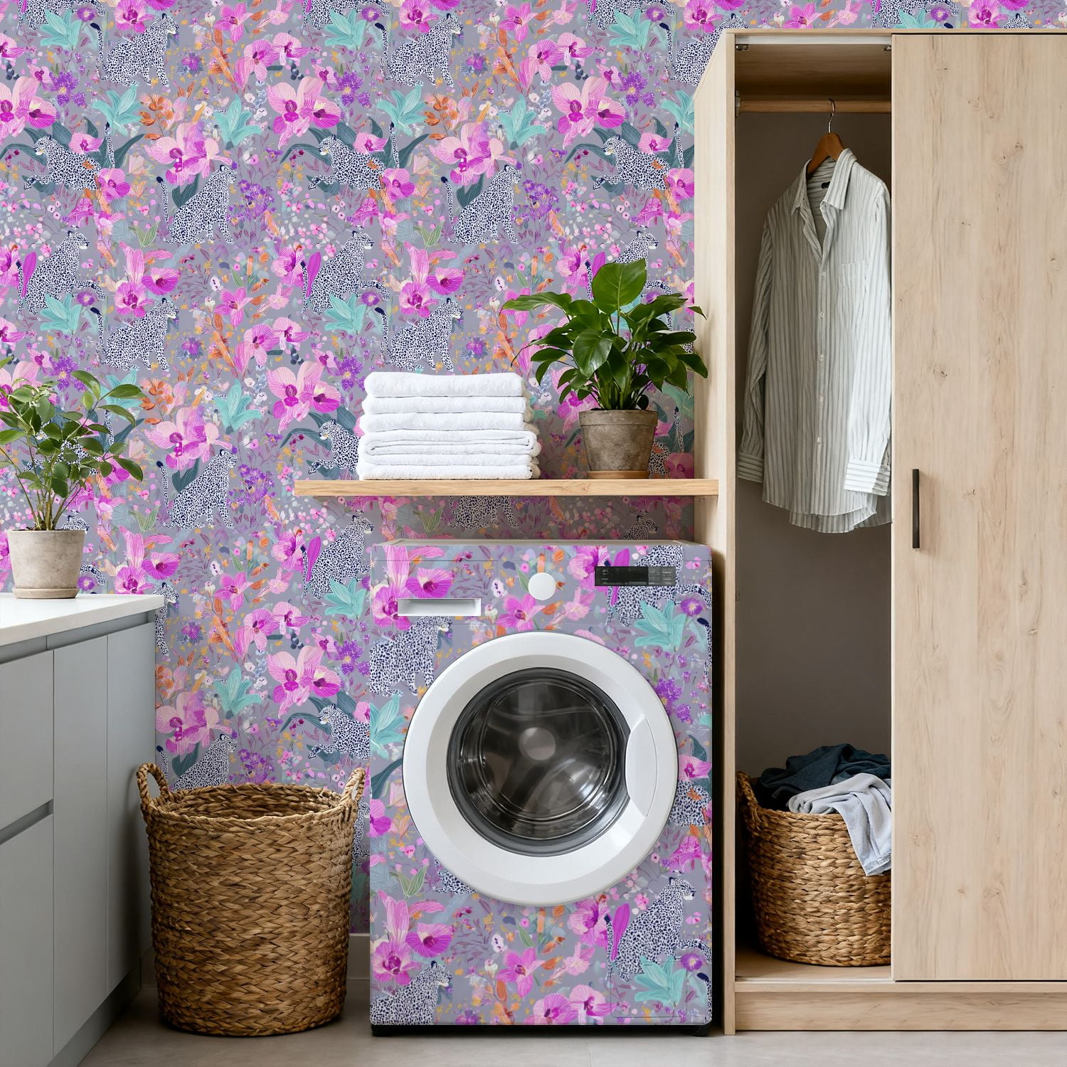 Cheetah Peel and Stick Wallpaper 17.7in x 9.8ft Leopards Among Tropical Orchid Flowers Pink Purple Contact Paper Vinyl Waterproof Self Adhesive Wall Paper for Bedroom Shelf Cabinet Renter Friendly