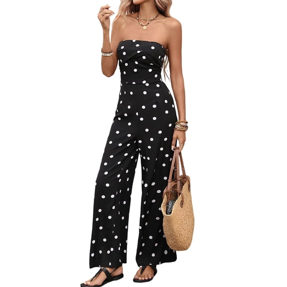 Jumpsuits for Women Strapless Smocked Casual Rompers Long Pants Vacation Summer Outfits Black S