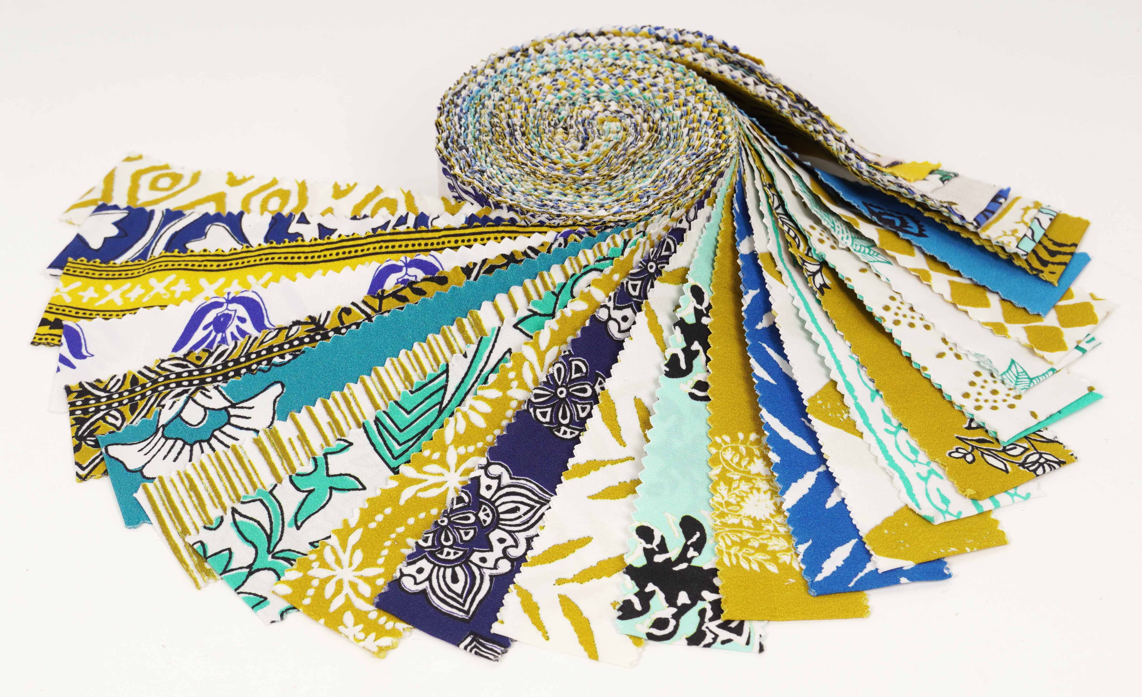 Soimoi 40Pcs Asian Block Print Precut Fabrics Strips Roll Up 1.5x42 inches Cotton Jelly Rolls For Quilting - Mustard, Blue, White