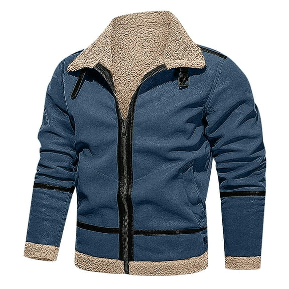 Fesfesfes Men Casual Plush Jacket Keep Warm Thicken Long Sleeve Shirt Turndown Jacket Zipper Patchwork Coats Under $10