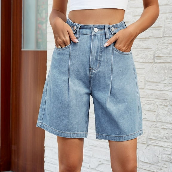 CENGNIAN Bermuda Jorts Baggy Jean Shorts - Casual Loose Fit Wide Leg Knee Length Denim Shorts with Elastic Waist Fashion Solid Pocket Jeans Light Blue,Size XL