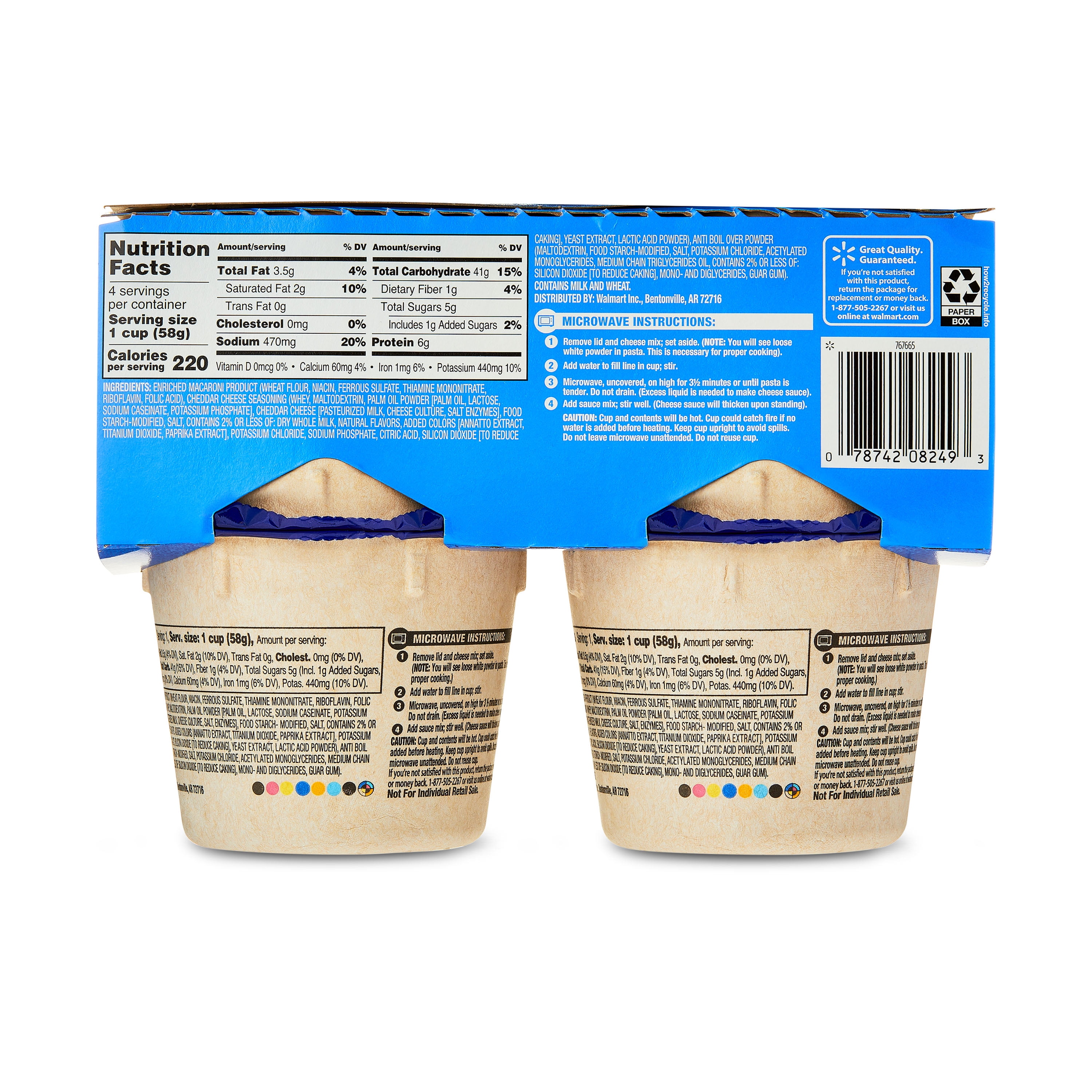 Great Value Original Macaroni & Cheese, 2.05 oz, 4 Pack (Shelf Stable)