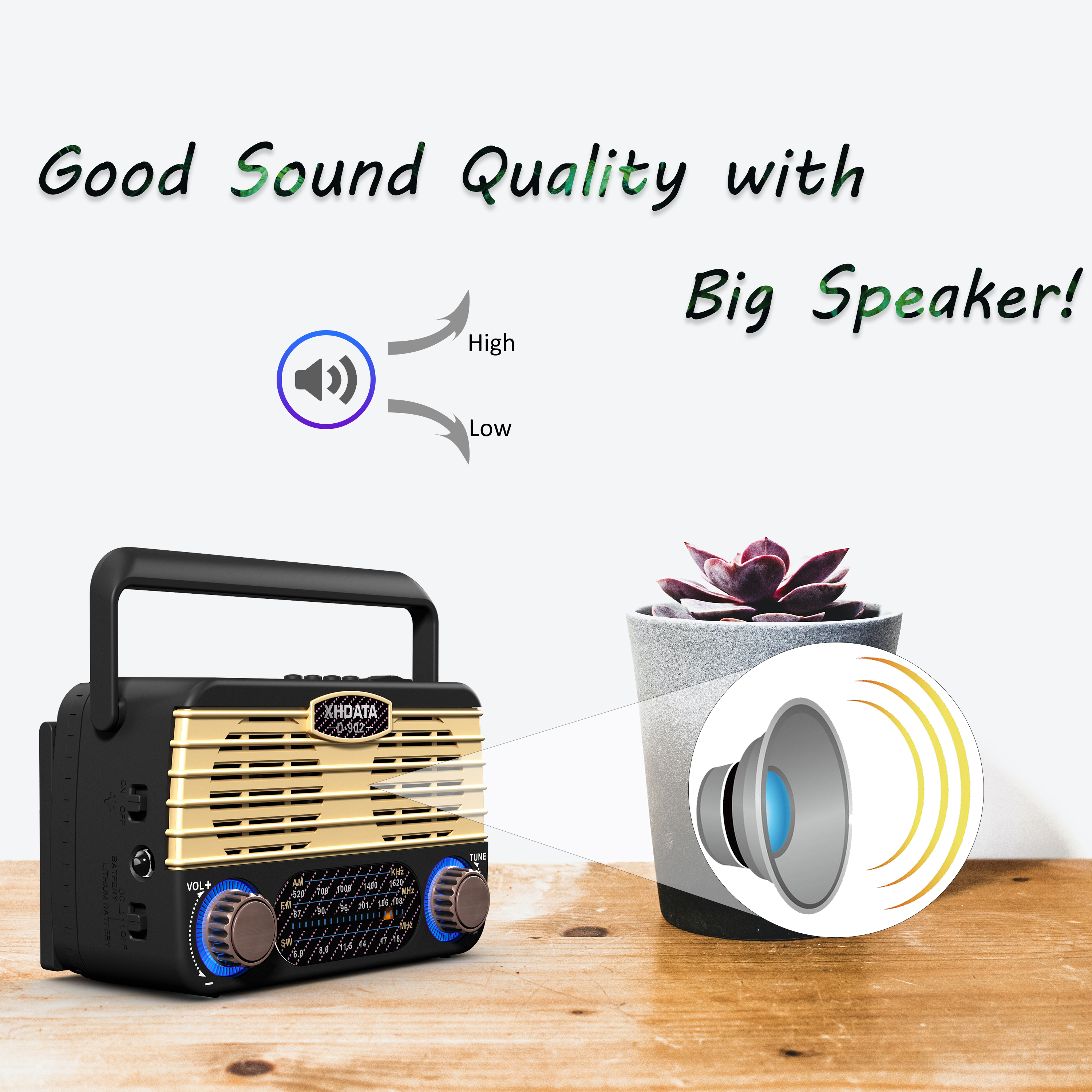 XHDATA D-902 Portable Shortwave Retro Radio, FM/AM/SW  Solar Wireless Bluetooth Vintage Radio, SD Card USB MP3 Player