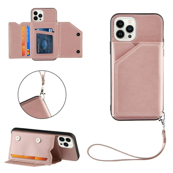 Elehold Lanyard Wallet Case for iPhone 14 Pro Max 6.7 Inch Max Premium vegan leather with Wrist Strap,Shockproof Magnetic Buckle Flip Kickstand Credit Card Slots Anti-Scratch Protective Cover,Rosegold