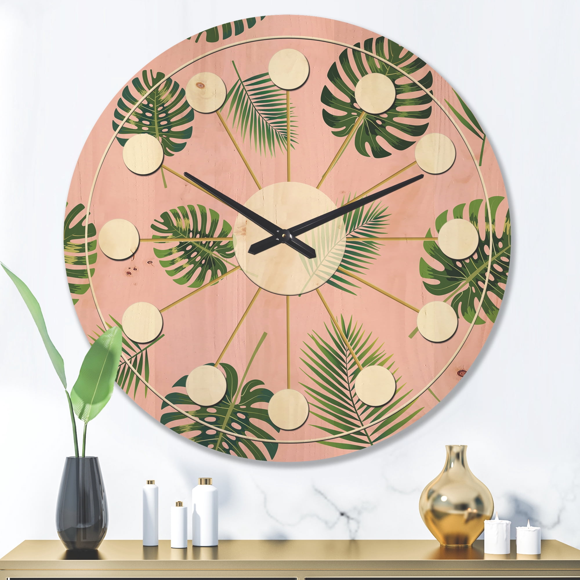Designart 'Palm Tropical Leaves Retro Pattern' Mid-Century Modern Wood Wall Clock