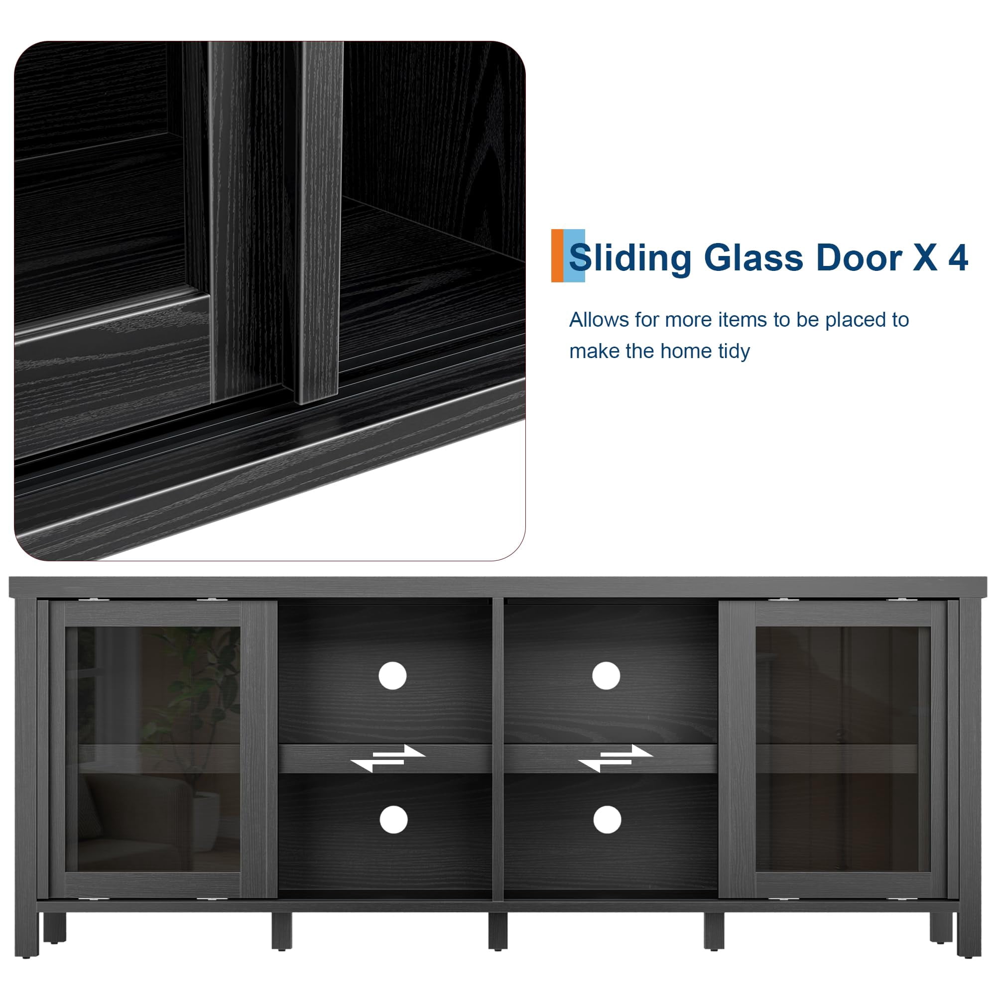 62" Farmhouse TV Stand for TVs up to 75 Inch - Entertainment Center with Glass Sliding Doors & Adjustable Shelves - Large Storage Media Console for Living Room & Bedroom - Black / Gray / Retro