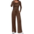 thumbnail image 3 of Women'S 2 Piece Matching Lounge Sets Fall Outfits Henley Neck Sweater Top Wide Leg Pants Sweat Suits Dark Brown L, 3 of 9