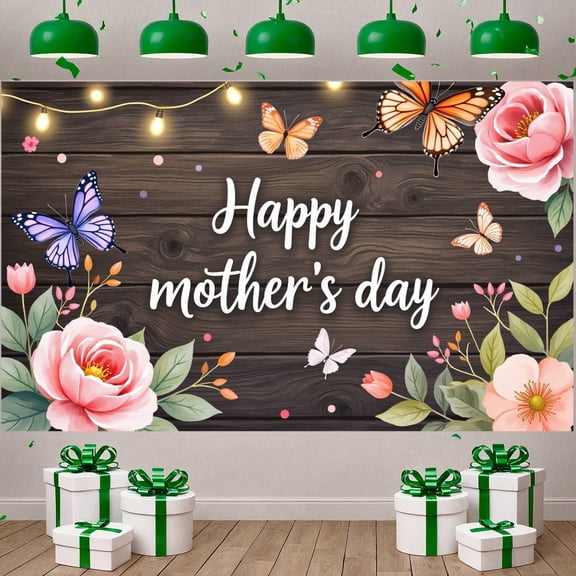 Pink Floral Happy Mother's Day Banner Butterfly Accent Mom's Day Backdrop Watercolor  Magenta Lettering Mother Appreciation Background for Mother's Day Party Family Gathering Mom's Brunch