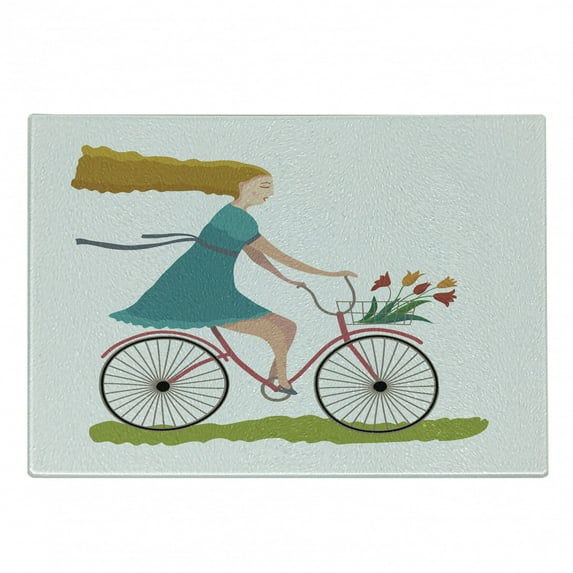 Bicycle Cutting Board, Young Woman on Bike with Basket of Tulip Flowers Riding in the Spring Countryside, Decorative Tempered Glass Cutting and Serving Board, Small Size, Multicolor, by Ambesonne
