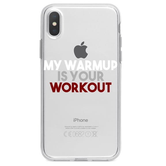 DistinctInk Clear Shockproof Hybrid Case for iPhone XR (6.1" Screen) - TPU Bumper Acrylic Back Tempered Glass Screen Protector - My Warmup is Your Workout