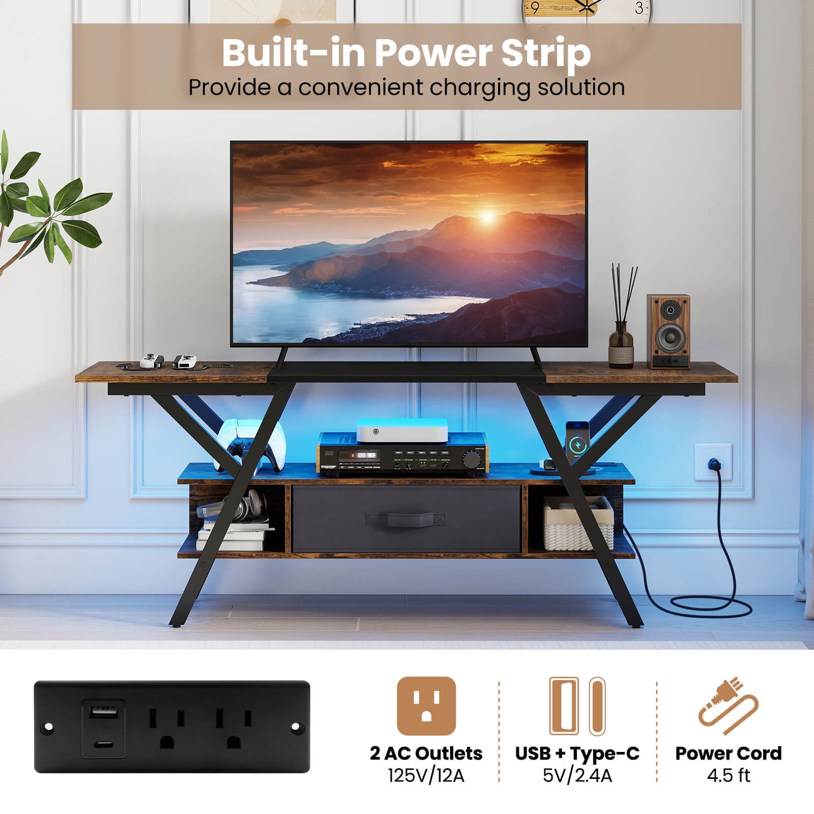 Costway 3-Tier TV Stand with Power Outlets for 65” TVs, LED Lights & Remote Storage Shelves Brown