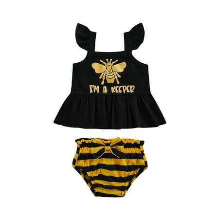 

Bagilaanoe 2pcs Baby Girl Summer Outfits Fly Sleeve Tank Top + Briefs Bee Letter Horizontal Stripe Print