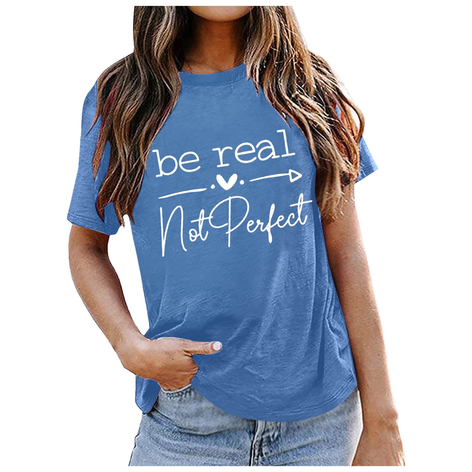 WEIYLL T-Shirts Women Short Sleeve Letter Print Light Blue Tee Sizes XXL