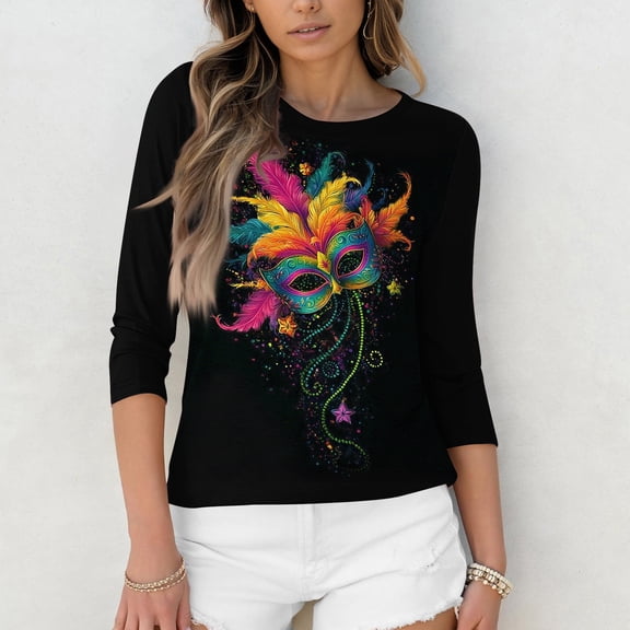FrzhBrz Mardi Gras T Shirts for Women Plus Size Loose Fit 3/4 Sleeve Tunic Tops Round Neck Glitter Mask Print Graphic Tees Carnival Themed Costumes Party Shirts