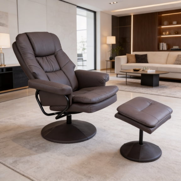 360° Swivel Leather Recliner with Ottoman Chair Modern Armchair Ergonomic Push Manual Reclining Footrest Upholstered Bedroom Living Room Reading Home Relax Office, Brown