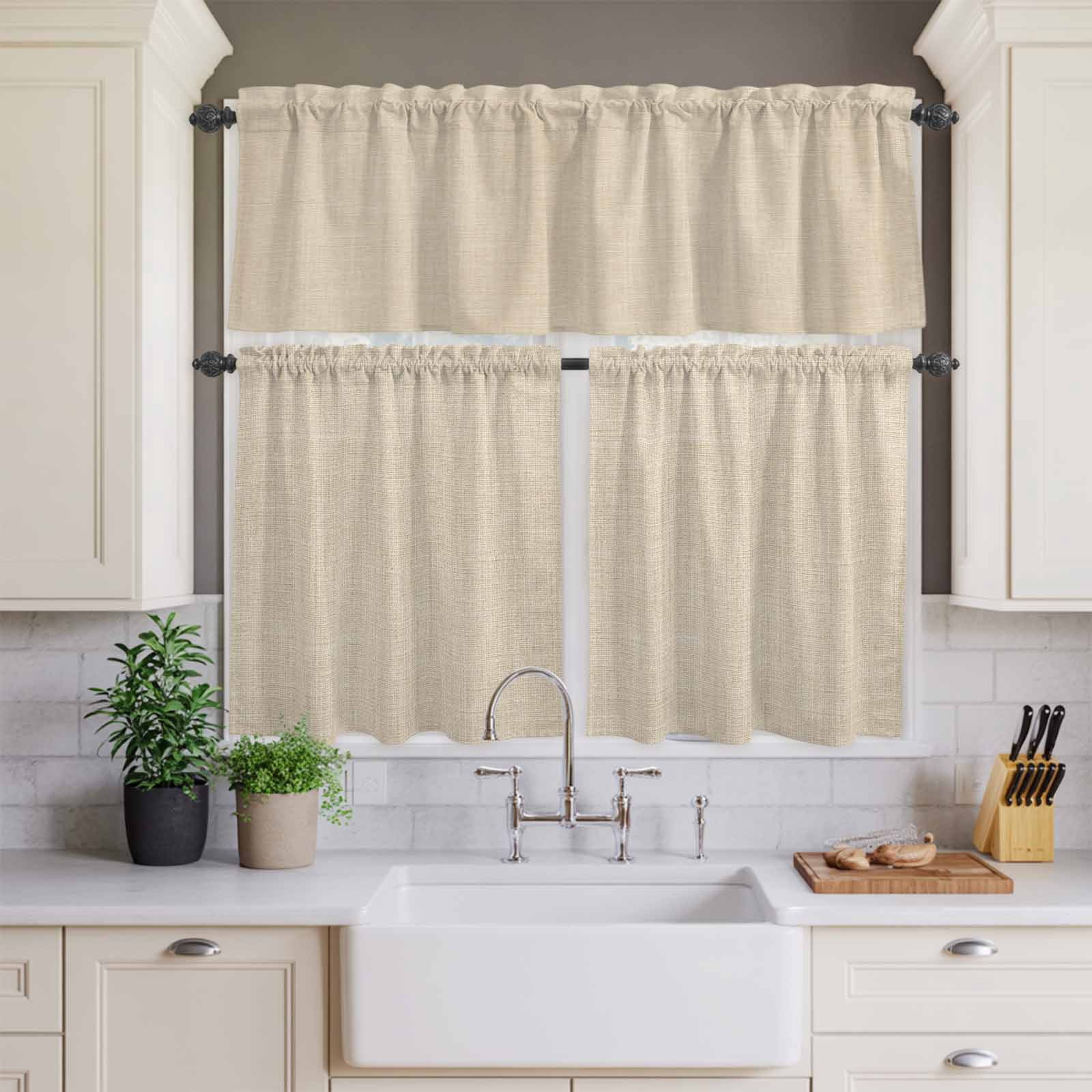Kitchen Window Curtains Valance and Tier Set, Vintage Country Beige Linen Texture Rod Pocket Tier Curtains and Valance 3 Piece Set, Farm Burlap Window Treatment for Bedroom Living Room