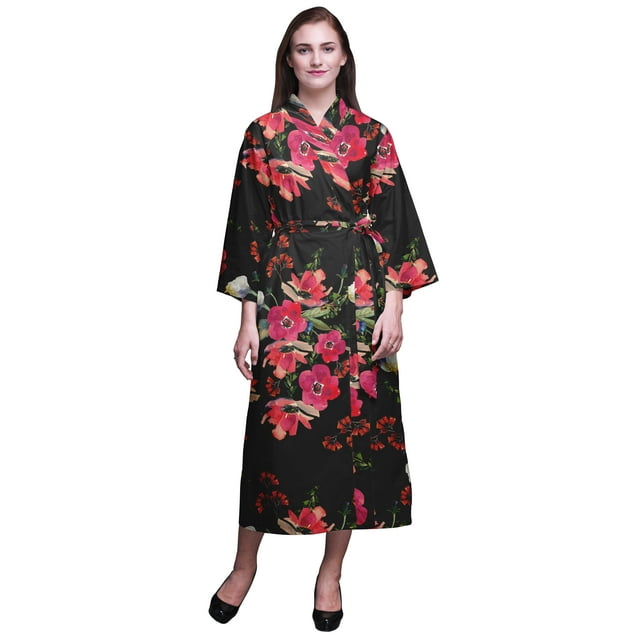 Bimba Black Flower Leaves & Poppy Womens Robe Dressing Gown Long Bride Getting Ready Shirt Printed Bath Robe Girls S