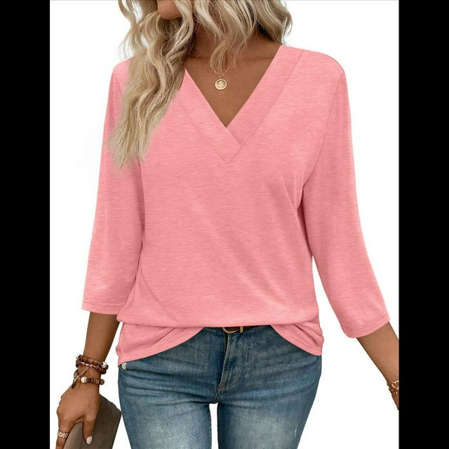 Blusas de Mujer con Mangas 3/4 y Cuello en V, Estilo Túnica Informal, Básicas, Holgadas Rosa XL