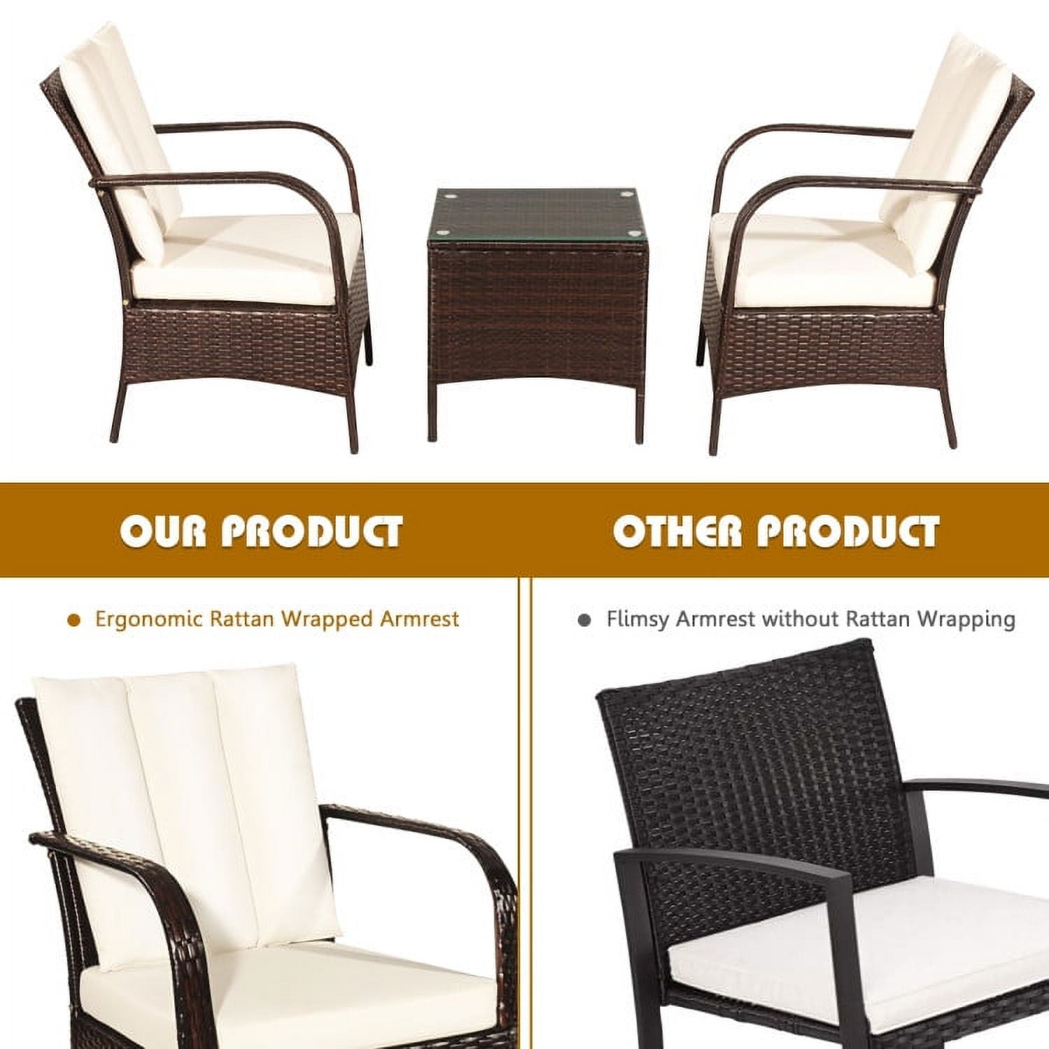 Aimee Lii 3 Pcs Patio Conversation Rattan Furniture Set, Small Patio Set with Glass Top Coffee Table and Cushions, White Aimee Lii 3 Pcs Patio Conversation Rattan Furniture Set, Small Patio Set with Glass Top Coffee Table and Cushions, White