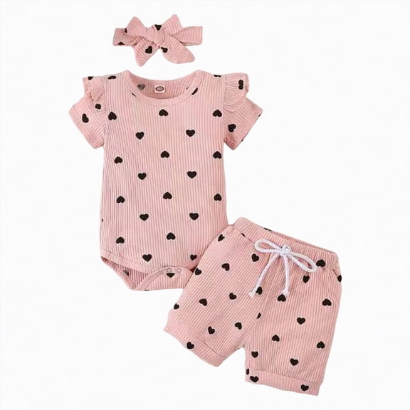 HCNTES Toddler Baby Girl Clothes Summer Outfits Set Short Sleeve Romper With Elastic Shorts For Children Kids Girls Outdoor Play Fashion(L01-Pink,0-3 Months)