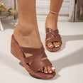 thumbnail image 2 of Rokment Cork Footbed Wedges Slip on Dressy Sandals for Women Ladies Fashion Casual Leather Open Toe Platform Chunky Heeled Beach Summer Dress Slides Shoes Brown Size 9, 2 of 7