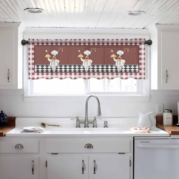 Fat Chef Valance Curtains for Kitchen/Living Room/Bathroom/Bedroom Window, Red Gourmet Kitchen Red Black Buffalo Plaid Rod Pocket Small Topper Half Short Window Curtains Voile Sheer Scarf 54"x18"