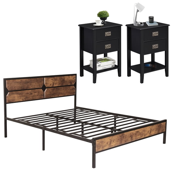 VECELO Metal Bed Frame with Nightstand Set, 2-Drawer End Table, Wooden Headboard and Footboard, Full Size