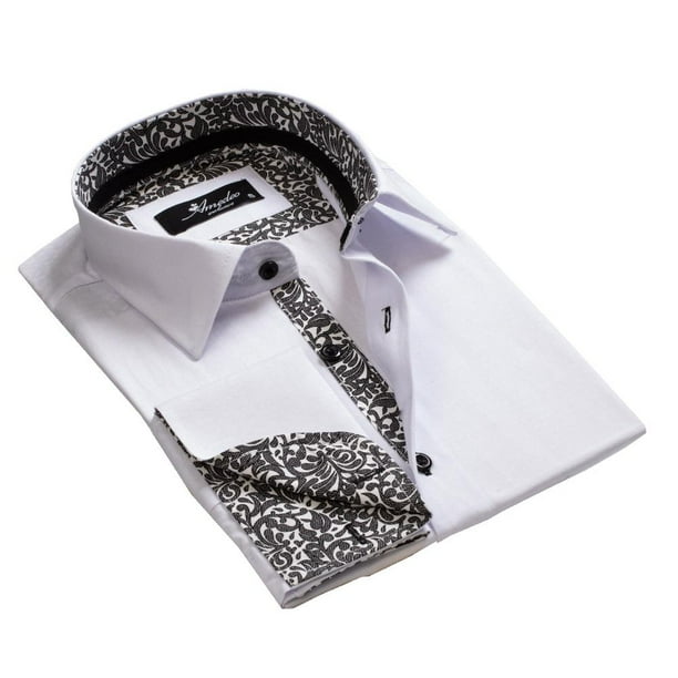 Amedeo Exclusive White with Black Paisley Mens Slim Fit French Cuff Dress Shirts with Cufflink Holes Casual and Formal Small