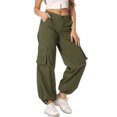thumbnail image 2 of Women's Wide Leg High Waisted Multi Pocket Loose Fit Cargo Trousers, Utility Straight Leg Pants, Casual Military Style Pants for Women with Drawstring,Army Green,M, 2 of 6