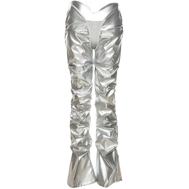 Pantalones casuales rectos de cintura baja sexys de cuero sintético plisado de moda para mujer de estilo europeo y americano de otoño