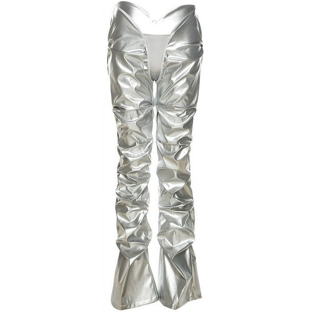 Pantalones casuales rectos de cintura baja sexys de cuero sintético plisado de moda para mujer de estilo europeo y americano de otoño