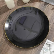 Efavormart 10 Pack | 10" Glossy Black Round Plastic Dinner Plates With Gold Rim, Disposable Party Plates