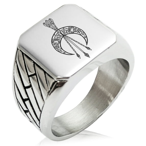 Stainless Steel Artemis Greek Goddess of Moon Geometric Pattern Biker Style Polished Ring