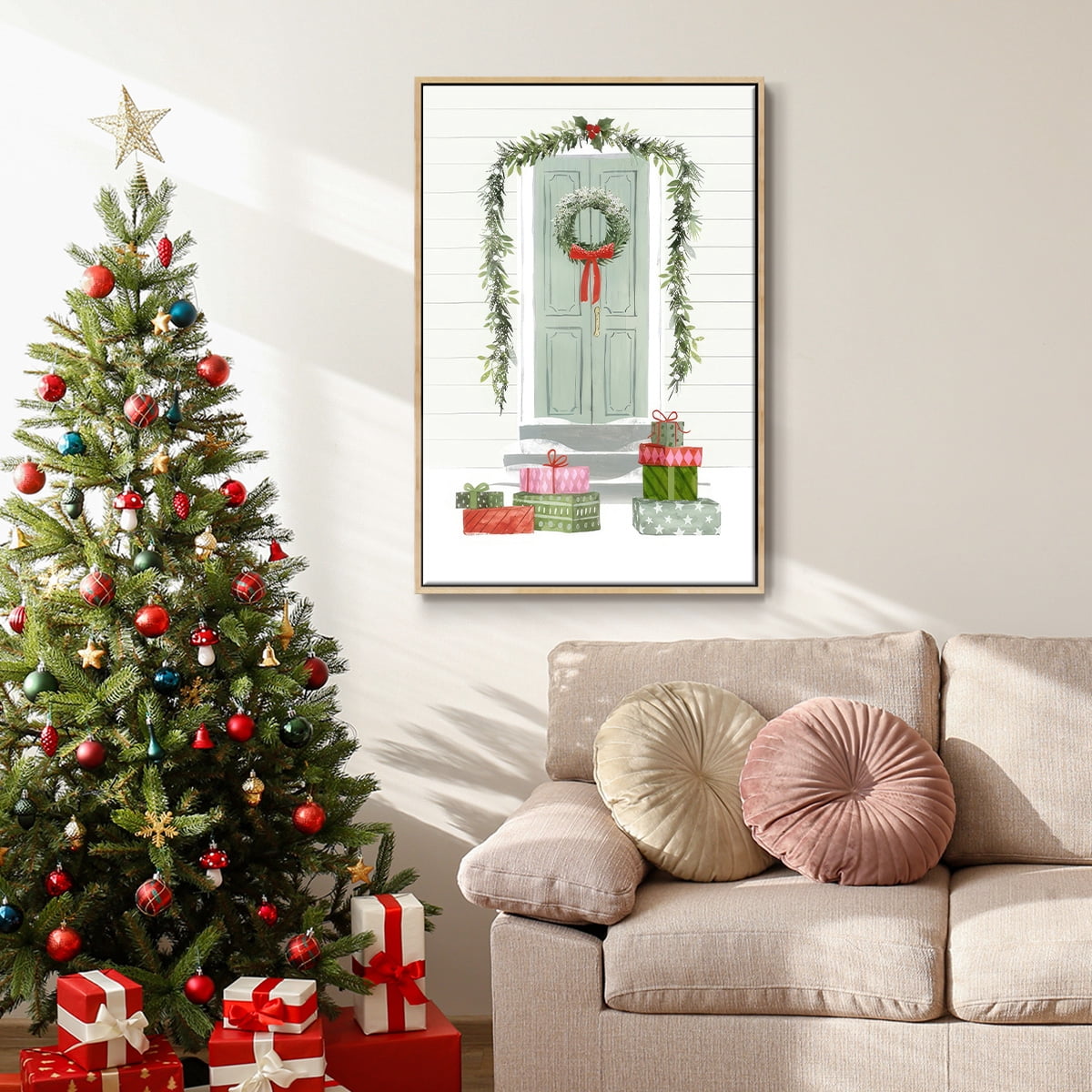 Festive Front Door Collection B - Framed Gallery Wrapped Holiday Canvas - 17 x 25 - Natural Wood Frame