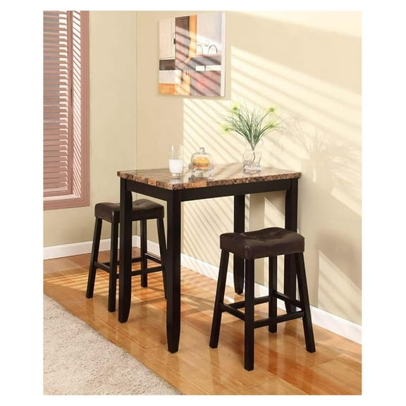 3-Piece Counter Height Glossy Print Marble Breakfast Table with Stools