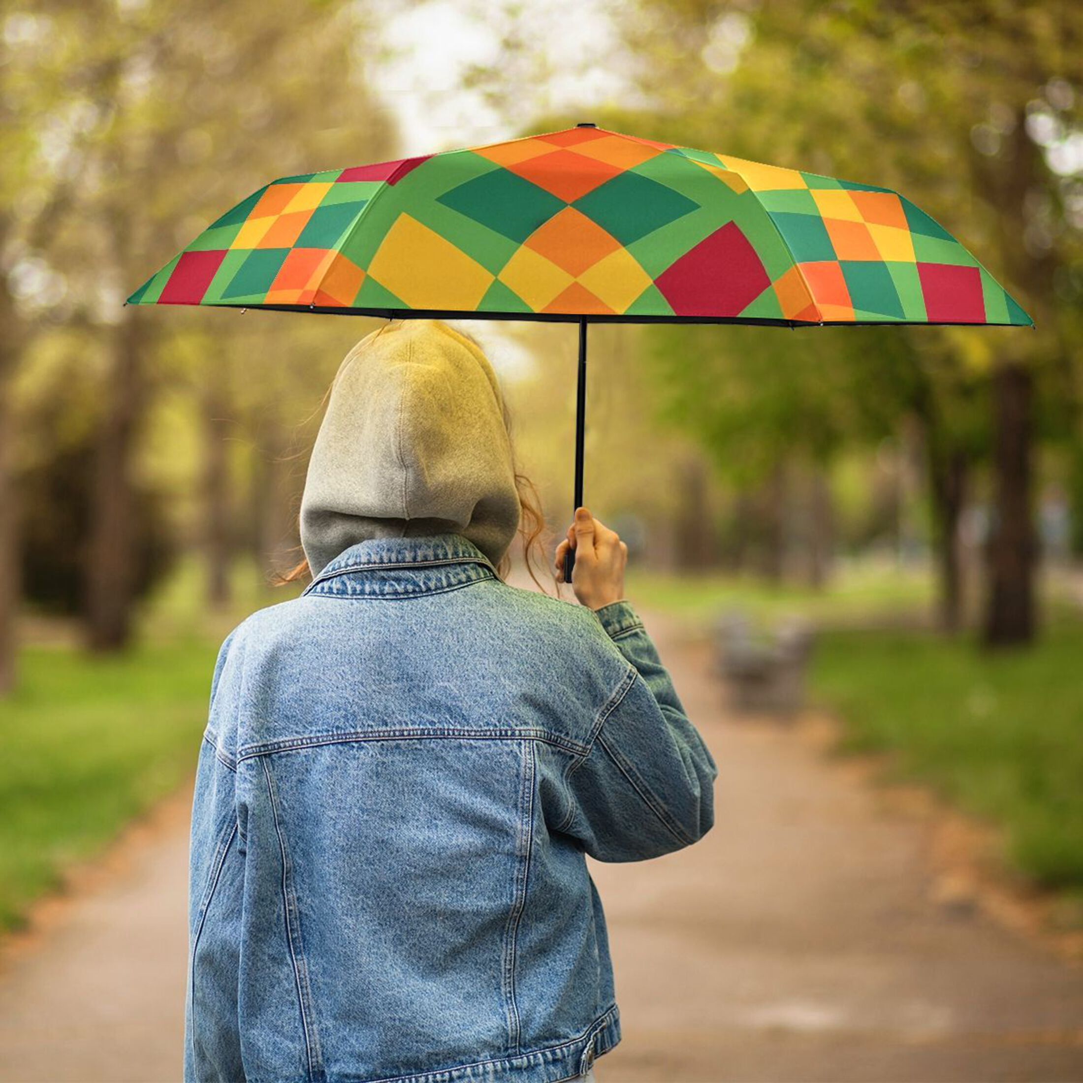 ALAZA Art Checkered Grid UPF 50+ Compact Folding Umbrella for Rain Travel Umbrella Packable