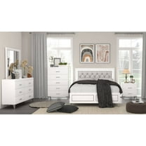 Stylish White Finish 5pc Bedroom Set Eastern King Size Bed Button-Tufted LED Headboard Nightstand Dresser Chest Mirror