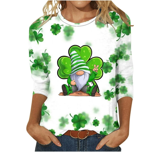 lcziwo Chandails de la Saint-Patrick pour Femmes Haut à Imprimé Vert Trèfle Irlandais Graphique Manches 3/4 Hauts 2024 Printemps Blouses à Col Rond Tunique Porte-Bonheur T-Shirt Grande Taille,P-5TG TG