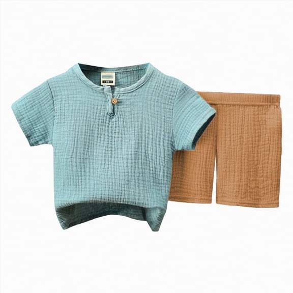 HCNTES Toddler Baby Boy Summer Outfits Soft Light Gray Crinkle Cotton T-Shirt and Khaki Shorts 2-Piece Set Toddler Boy Summer Clothes