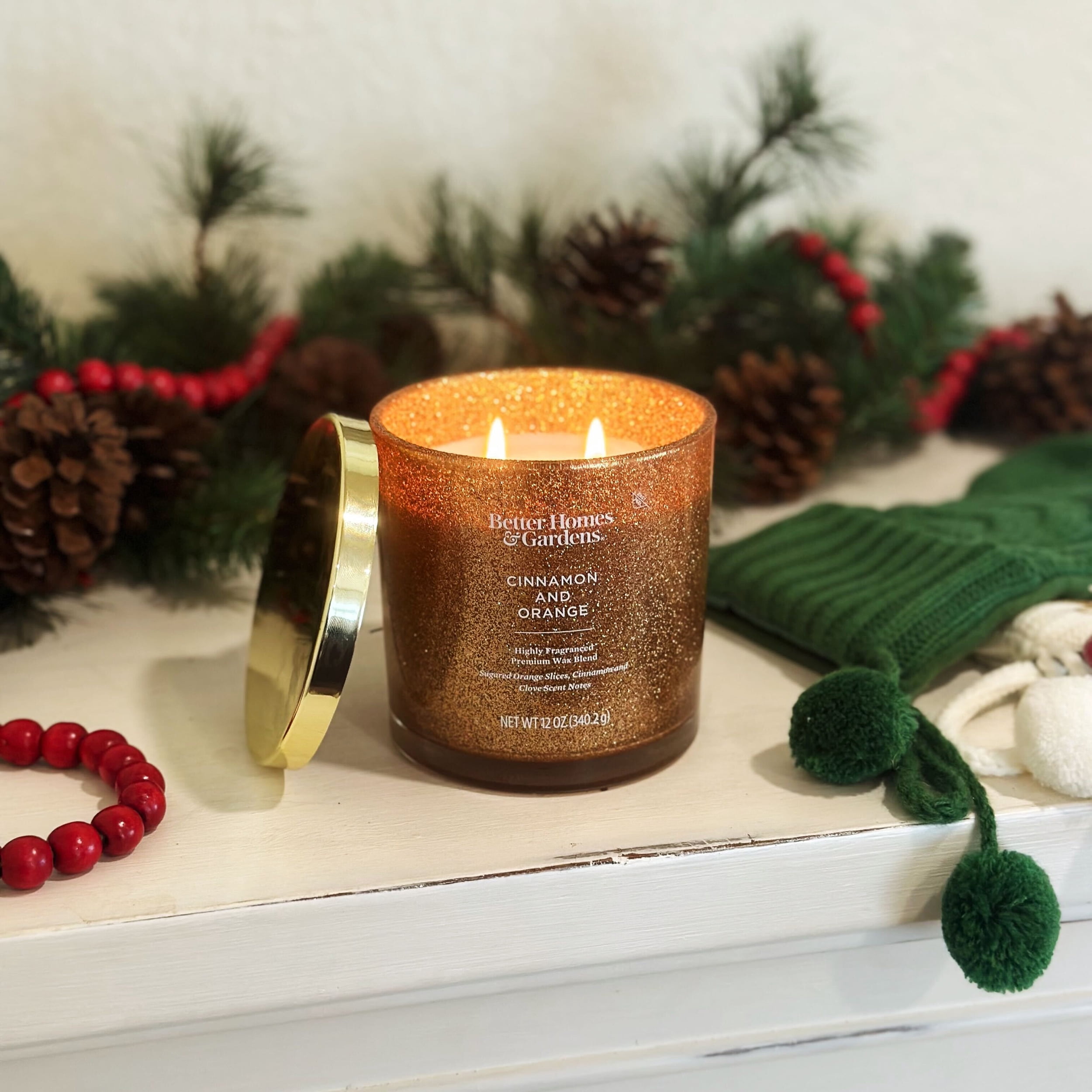 Better Homes & Gardens Cinnamon & Orange Scented 2 Wick Glitter 12oz Jar Candle