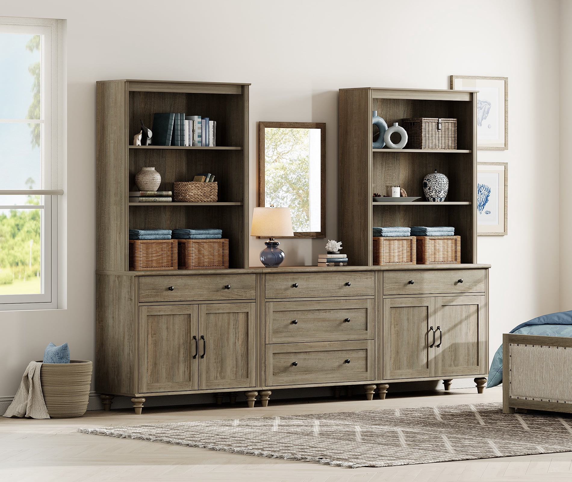 Farmhouse Bookcase With 5 Drawers and 4 Doors, Wash Gray, 101.6" W