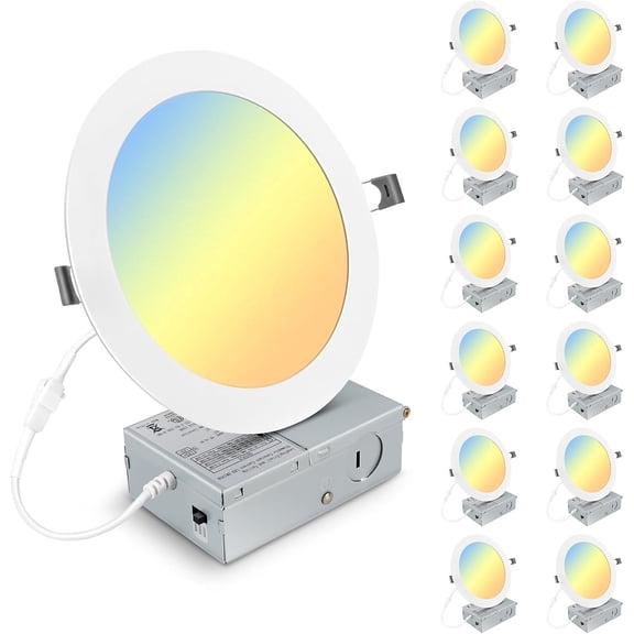 12 Pack 7 Inch 3CCT Ultra-Thin LED Recessed Light with Junction Box, 3000K/4500K/6000K Selectable, 18W Eqv 125W, Dimmable Canless Downlight, 1600LM High Brightness